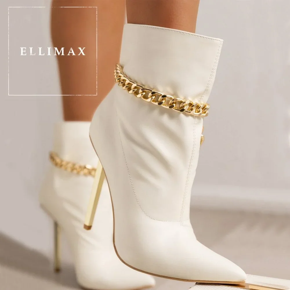 NEW🔥 Cream White Metallic Stiletto Heel Booties Ankle Boot Gold Chain Anklet - Picture 1 of 7